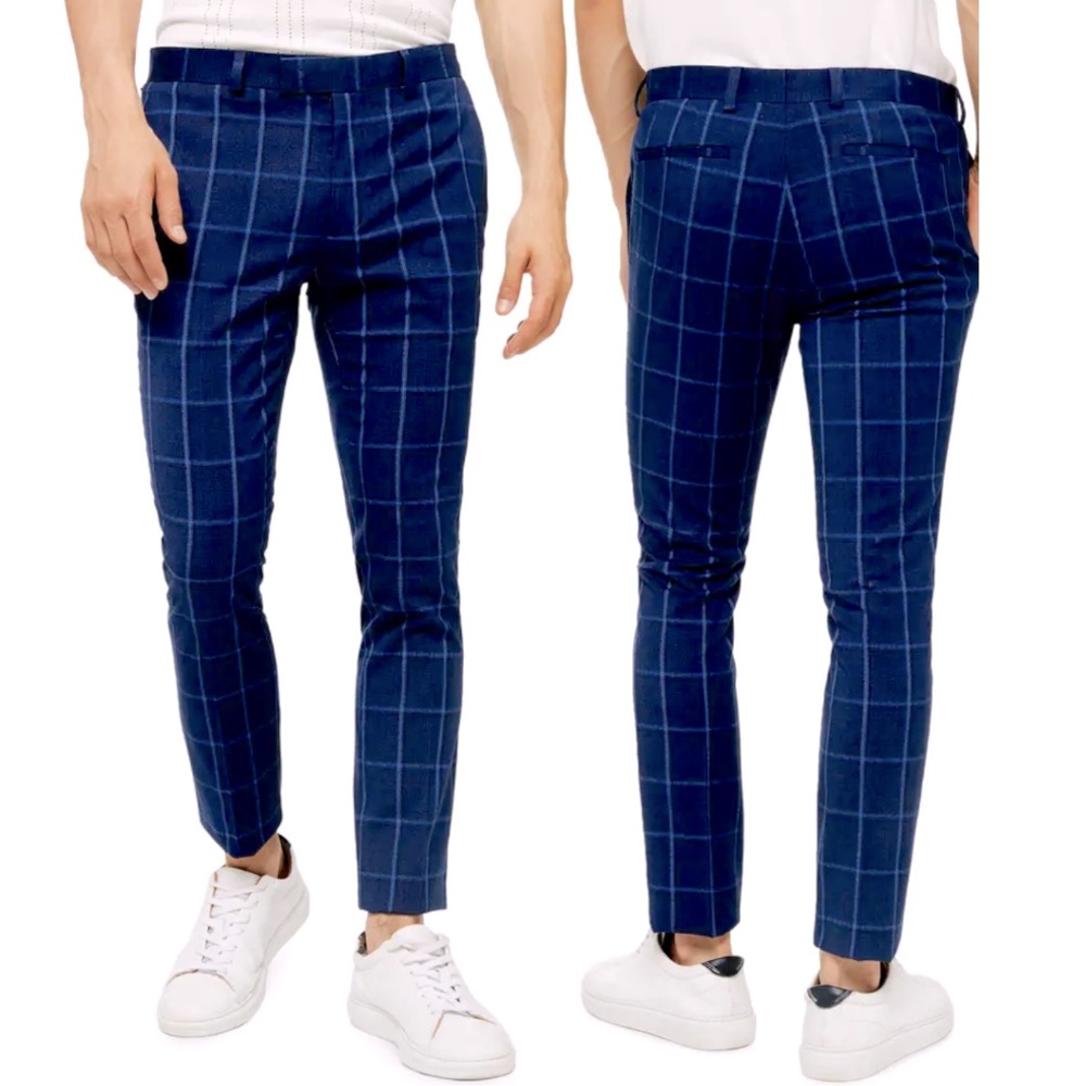 Topman Page Windowpane Check Super Skinny Dress Pants In Blue